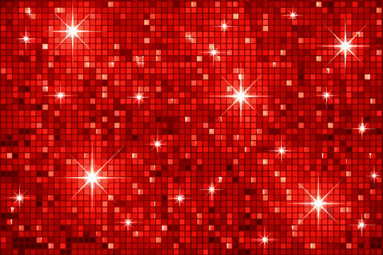 Red Disco Ball Mosaic Pattern with Shimmering Sequin Tiles and Sparkling White Star Flares, Vibrant Scarlet Grid Texture for Glamorous Party Decor, Festive Celebration and Nightlife Design.