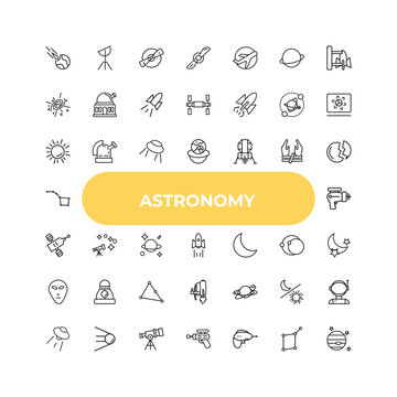 outline astronomy icons set - big sun shining, astronomy, galaxy. editable vector for web and mobile ui