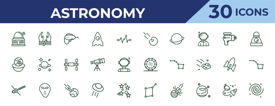 outline astronomy icons set - comet, relativity, voyager. editable vector for web and mobile ui