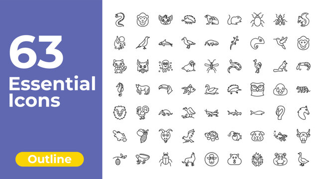outline animals icons set - hegdehog, anteater, bull. editable vector for web and mobile ui