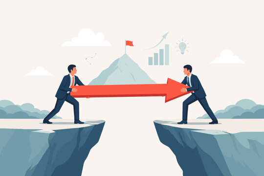 Two professional businessmen working together to bridge a gap between cliffs with a large red arrow, symbolizing teamwork, overcoming challenges, business growth, strategy, and reaching success.