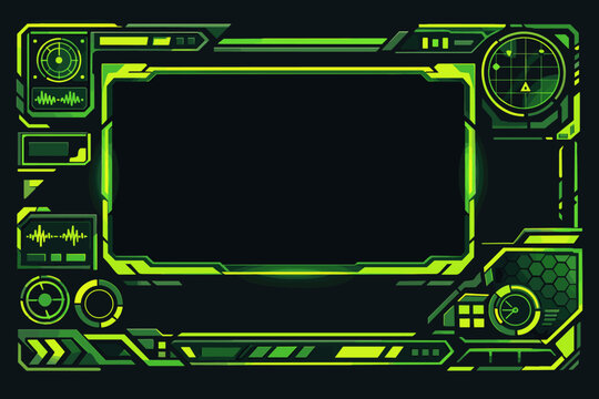 Futuristic Cyberpunk Twitch Stream Overlay Frame with Acid Green Neon HUD Elements, Sci-Fi Tech Interface for Live Broadcast, Gaming Video Screen Border with Radar and Waveform Graphics