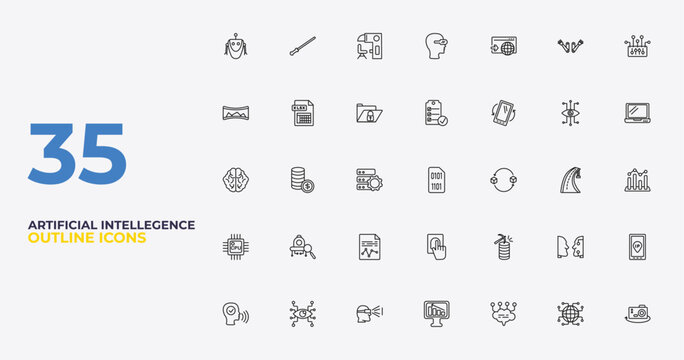 outline artificial intellegence icons set - check list, data mining, ar camera. editable vector for web and mobile ui
