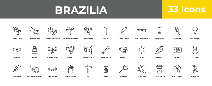 outline brazilia icons set - fireworks, theater masks, dancer. editable vector for web and mobile ui