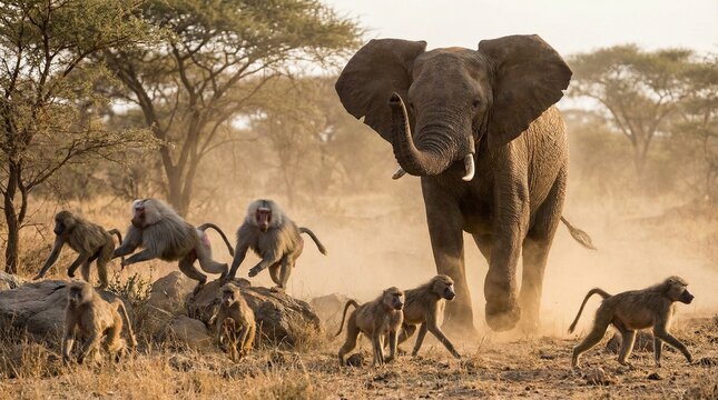 African elephant chasing a troop of baboons