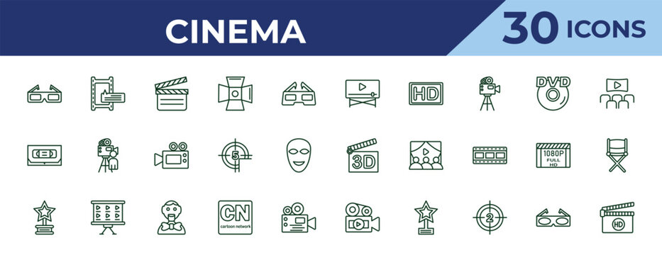 outline cinema icons set - movie player, inclined videocaste, trophy with a star. editable vector for web and mobile ui