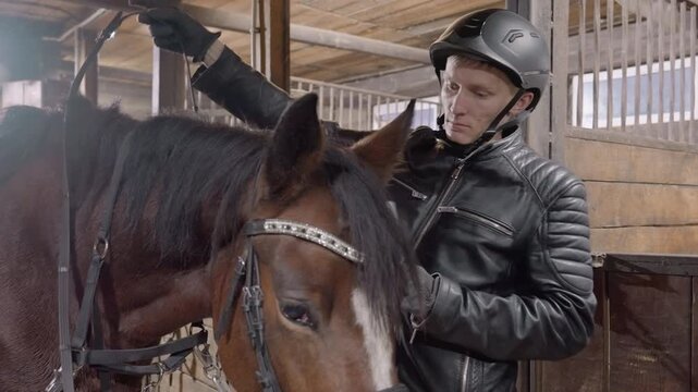 Helmeted rider with horse in stable, adjusting bridle and reins during tandem education session leather jacket, wooden stalls, patient brown mare, safety checks, calm instructional atmosphere, close