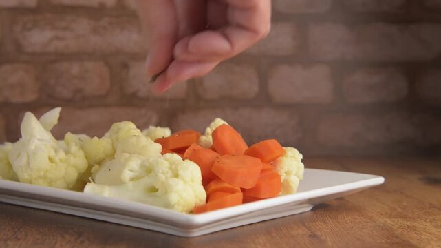 Steamed vegetables, carrots and cauliflower on a rectangular white plate to accompany meat, chicken or fish, on a rustic wooden table, with a brick wall in the background, ready to be seasoned
