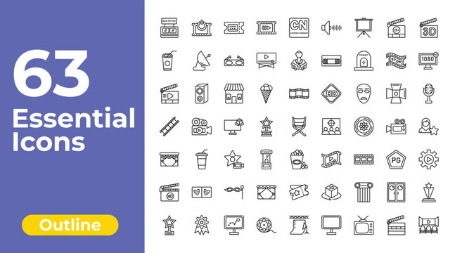 outline cinema icons set - slow motion, hitman, film award. editable vector for web and mobile ui