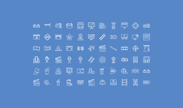 outline cinema icons set - footage, 1080p hd tv, film roll side view. editable vector for web and mobile ui