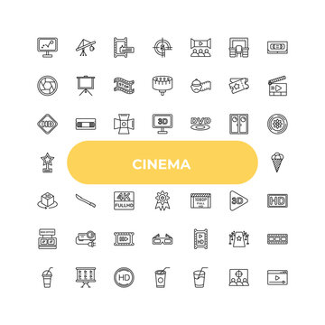 outline cinema icons set - hd video, hete, hd movie. editable vector for web and mobile ui