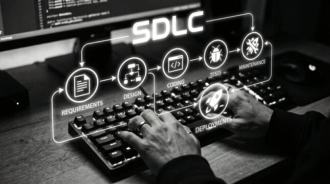 The stages of software development lifecycle on a keyboard