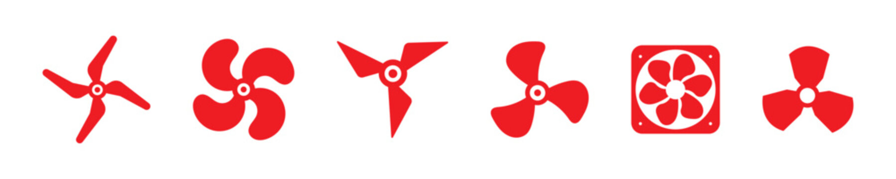 Cooling fan icon set. Modern cooler ventilator silhouette icons, vector symbol website design. Set of black colour vector illustration flat style. Cooling system fan with rotation arrows symbol.