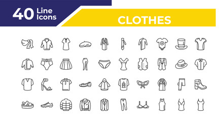 outline clothes icons set - windbreaker, v neck shirt, platform sandals. editable vector for web and mobile ui © IconArt