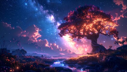 Fototapeta premium Glowing Ancient Tree Under Cosmic Nebula Night Sky.