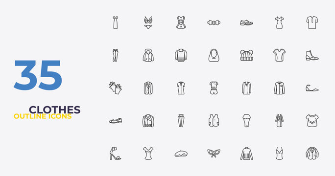 outline clothes icons set - hobo bag, peplum skirt, blazer. editable vector for web and mobile ui
