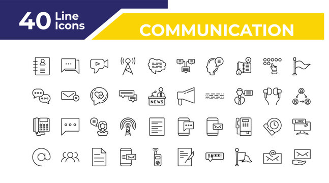 outline communication icons set - chatting, digital phone, arroba. editable vector for web and mobile ui