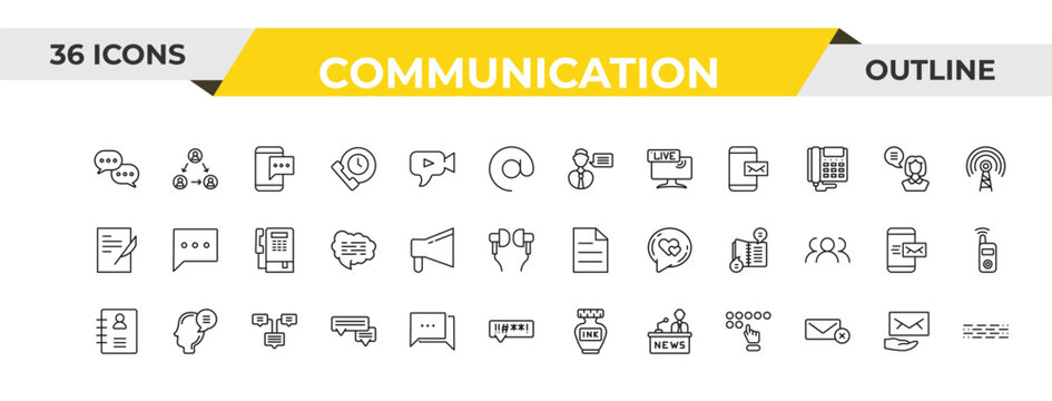 outline communication icons set - talk, bullhorn, constructivism. editable vector for web and mobile ui