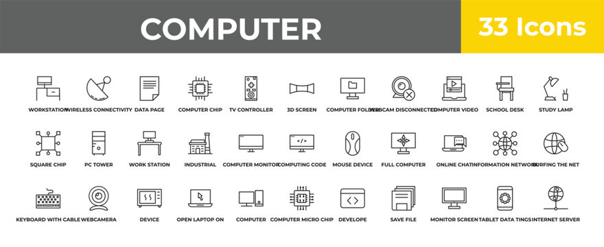 outline computer icons set - work station, webcamera, internet server. editable vector for web and mobile ui