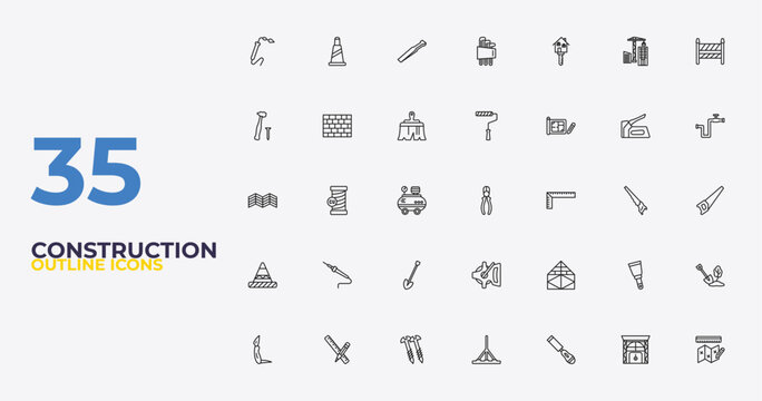 outline construction icons set - painter roller, joist, measures plan. editable vector for web and mobile ui