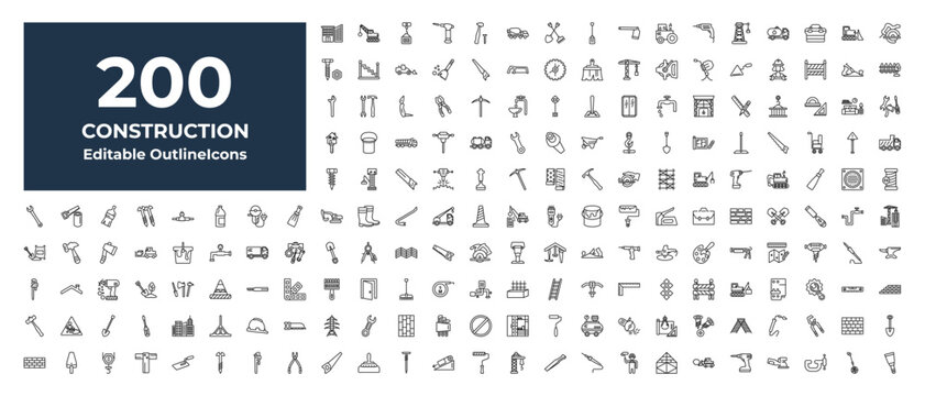 outline construction icons set - wallpaper, garage wrench, wedge tool. editable vector for web and mobile ui