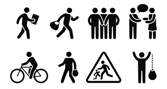 Public theft icons illustration set, stick figure silhouettes showing pickpocketing bag snatching crowd stealing and running escape for safety awareness.