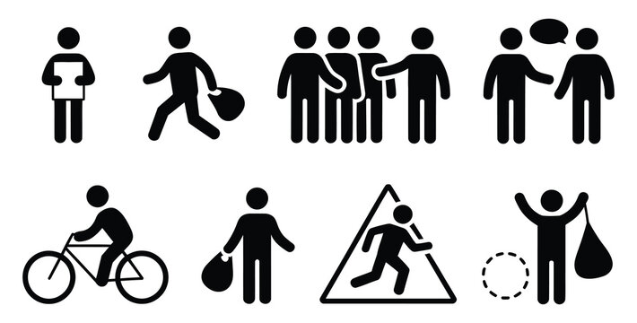 Street theft icons illustration set, stick figure silhouettes showing pickpocketing bag snatching crowd stealing and running escape for safety awareness.