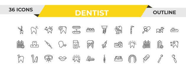 outline dentist icons set - implant fixture, dental floss, headlamp. editable vector for web and mobile ui © IconArt