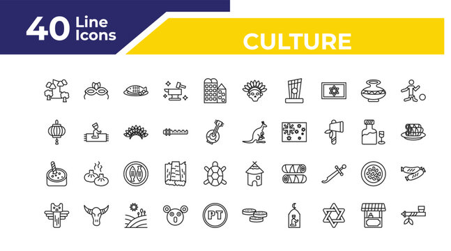 outline culture icons set - paper lantern, crema catalana, native american totem. editable vector for web and mobile ui
