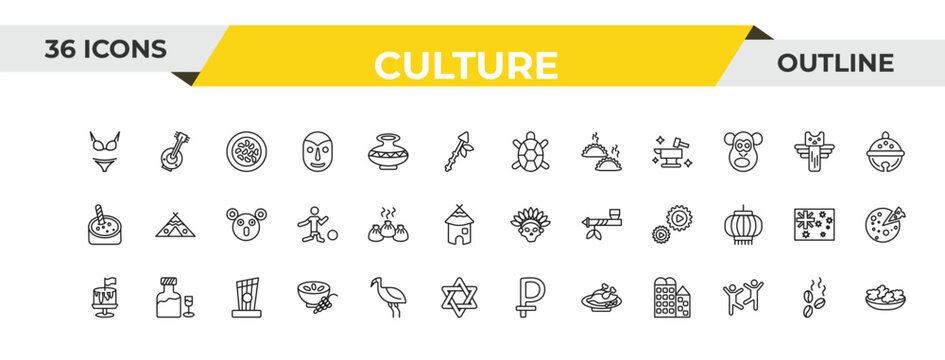 outline culture icons set - surfing a sea turtle, wontons, kankles. editable vector for web and mobile ui