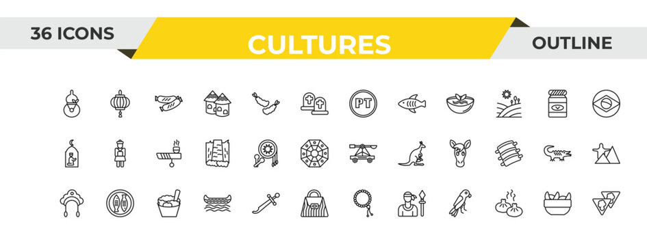 outline cultures icons set - portuguese, native american drum, rice pudding. editable vector for web and mobile ui