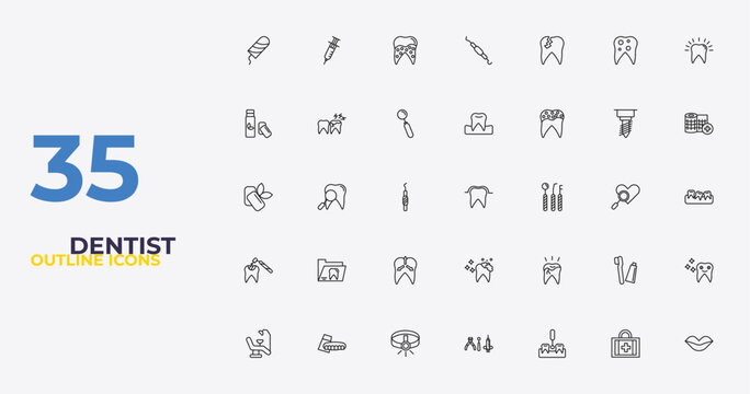 outline dentist icons set - occlusal, broken tooth, mouth. editable vector for web and mobile ui