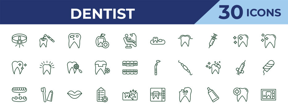 outline dentist icons set - partial denture, clean tooth, overdenture. editable vector for web and mobile ui