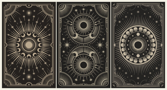 A series of Tarot black and gold cards with a crescent moon, stars and mystical elements on them. Vector illustration
