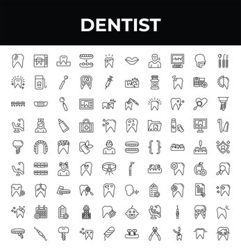 outline dentist icons set - white teeth, implant, dental veneer. editable vector for web and mobile ui
