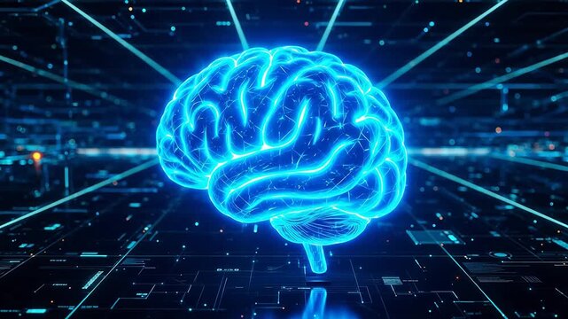 Blue glowing brain in digital environment emphasizing family bonds and togetherness