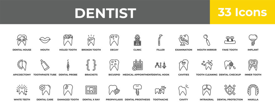 outline dentist icons set - dental probe, dental care, maxilla. editable vector for web and mobile ui