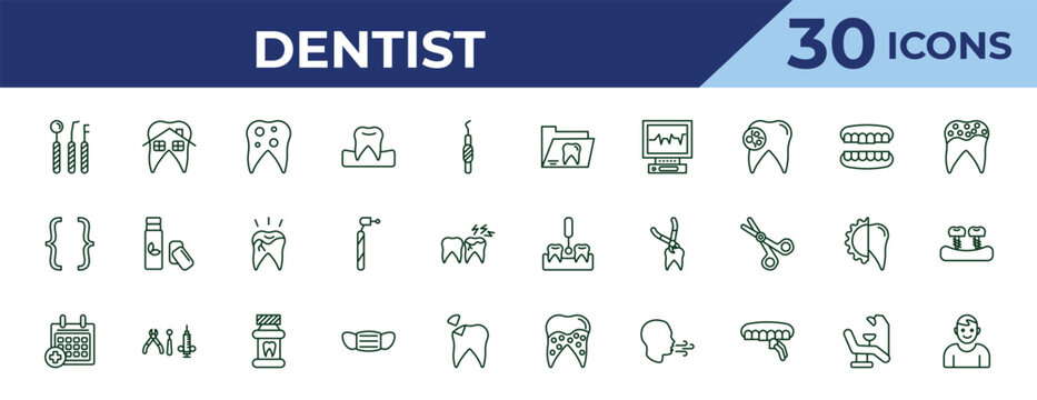 outline dentist icons set - dental folder, brackets, medical appointment. editable vector for web and mobile ui