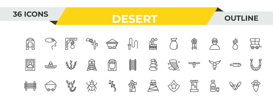 outline desert icons set - industry, cleopatra, scorpion. editable vector for web and mobile ui