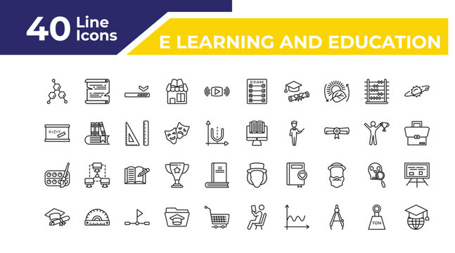 outline e learning and education icons set - blackboard eraser, watercolor, graduating. editable vector for web and mobile ui