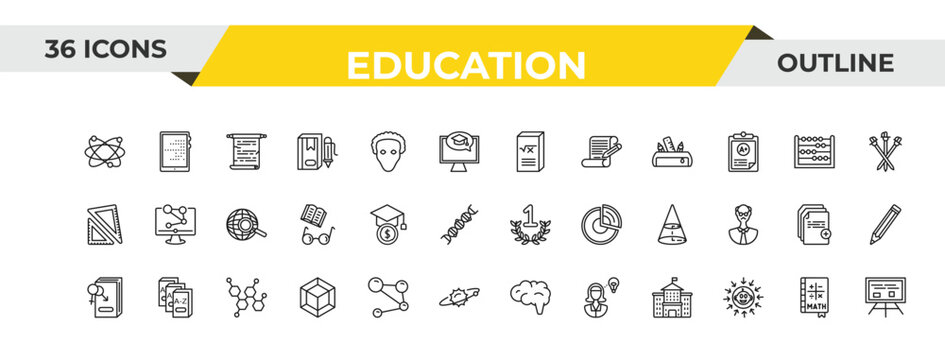 outline education icons set - math book, scholarship, chemical content. editable vector for web and mobile ui