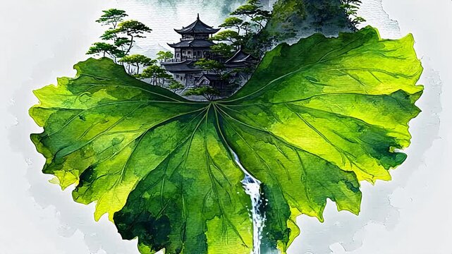 Landscape art with lotus leaf and pagoda