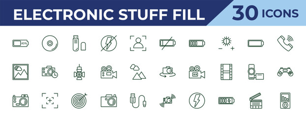 outline electronic stuff fill icons set - low battery, picture, digital camera. editable vector for web and mobile ui © IconArt