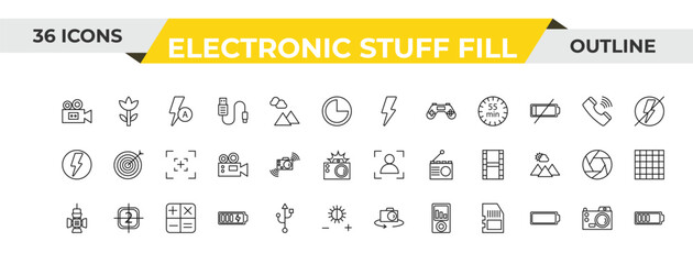 outline electronic stuff fill icons set - blitz flash, shake camera, calculating. editable vector for web and mobile ui © IconArt