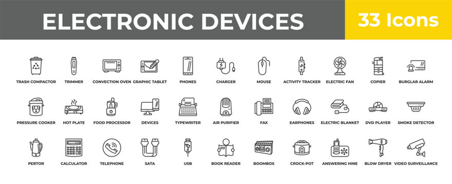 outline electronic devices icons set - food processor, calculator, video surveillance. editable vector for web and mobile ui