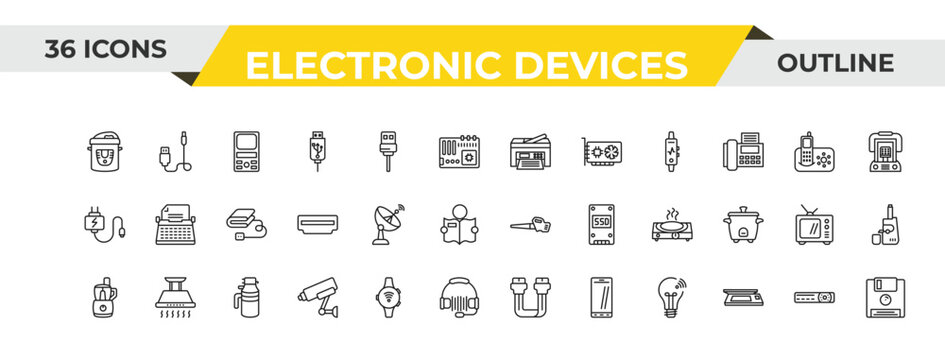 outline electronic devices icons set - printer, satellite dish, garbage disposal. editable vector for web and mobile ui