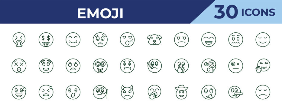 outline emoji icons set - dog emoji, dizzy emoji, sweating editable vector for web and mobile ui