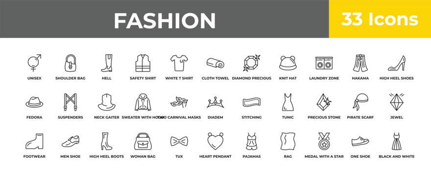 outline fashion icons set - neck gaiter, men shoe, black and white. editable vector for web and mobile ui