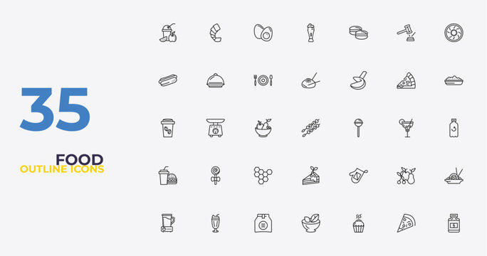 outline food icons set - mantou, cooking mitts, protein container. editable vector for web and mobile ui