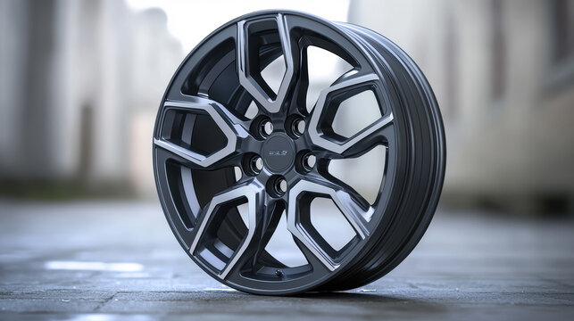 A detailed close-up shows a modern black and silver alloy wheel with a unique geometric design, resting on a textured surface in a blurred outdoor setting.